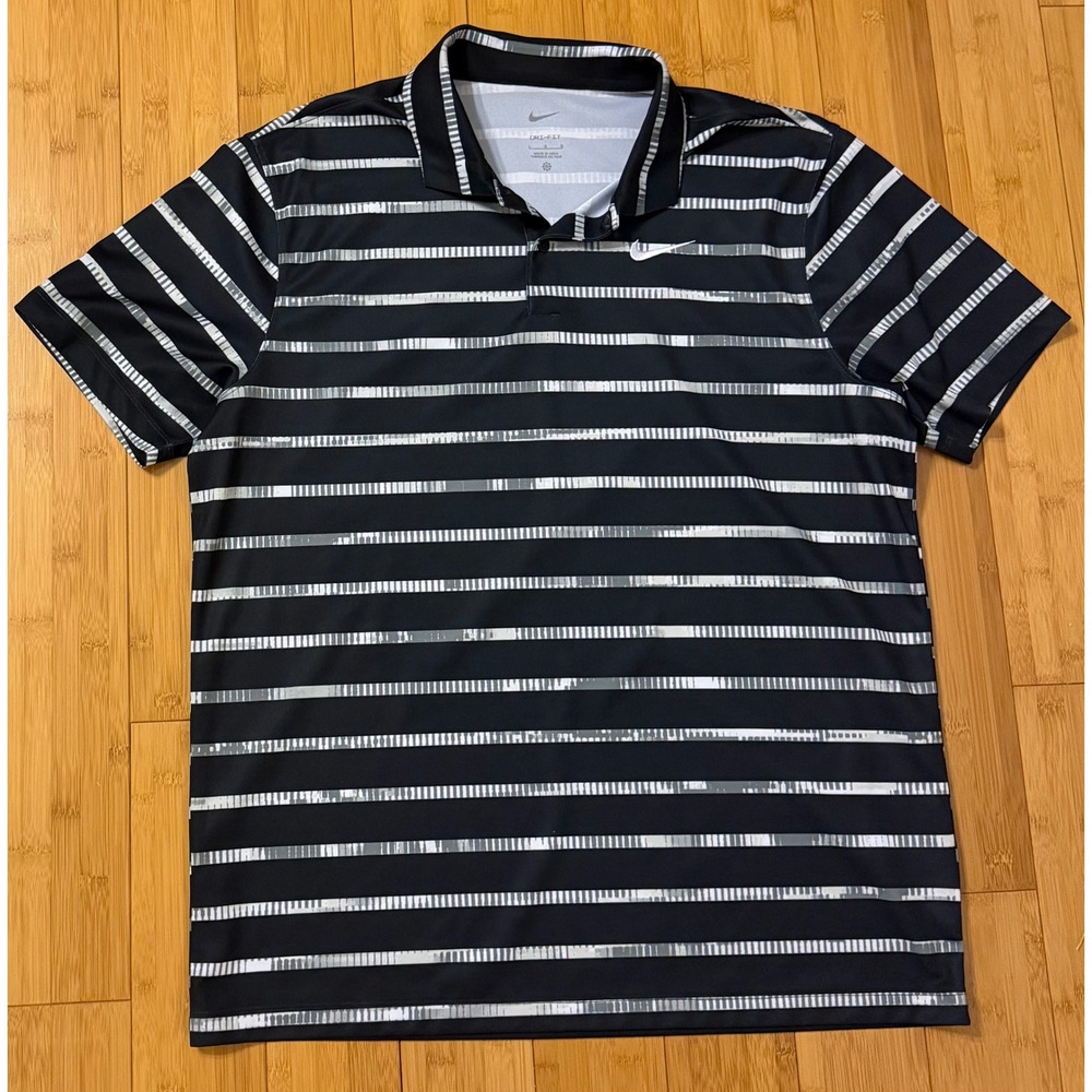 Nike Golf Dri-FIT Polo Shirt Mens Large Black White Striped Short Sleeve Swoosh